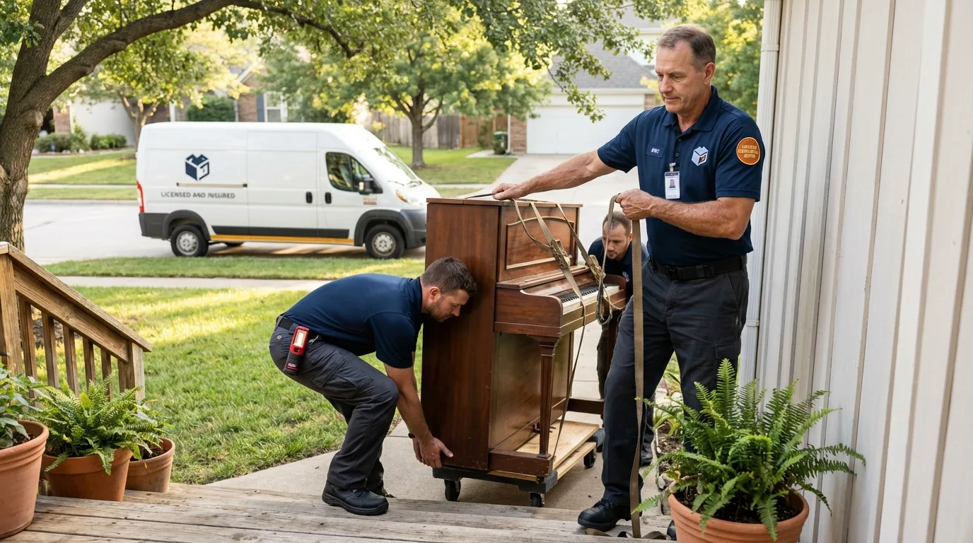 Licensed piano movers securing grand piano in Sheridan, CA