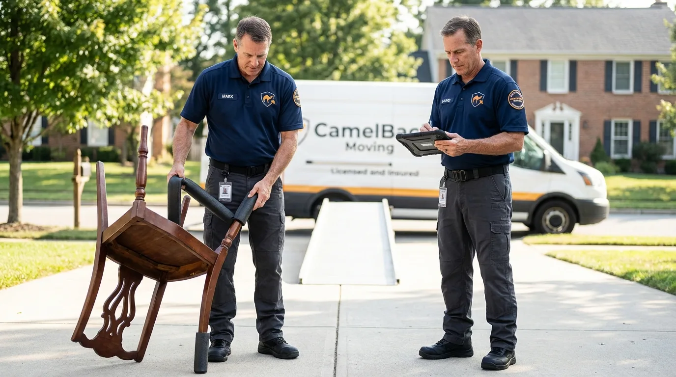 Movers inspecting furniture for damage prevention before loading in Sheridan, CA