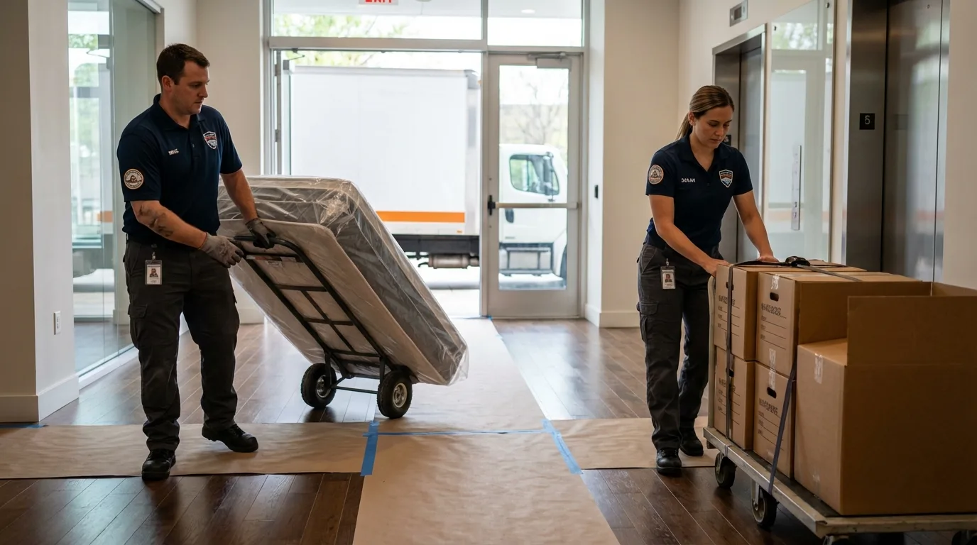 Professional apartment movers loading elevator in Sheridan, CA